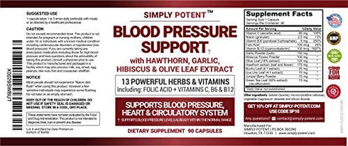 Blood Pressure Support Supplements - Healthy Heart, Cholesterol, Cardio, Hypertension, High BP - 13 Vitamins & Herbs - Folic Acid, Vitamins C B6 & B12, Hawthorn Olive Leaf Garlic Hibiscus, 90 Capsule
