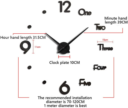 Biramba Frameless DIY Wall Clock,3D Surface Mirror Wall Clock Modern Design Large Mute Wall Watches Stickers for Living Room Bedroom Home Decorations (037Black)