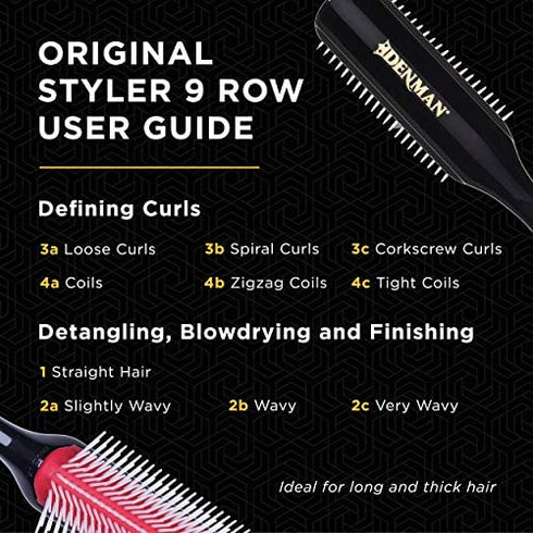 Denman Classic Styling Brush 9 Row - D4 - Hair Brush for Separating, Shaping & Defining Curls - Blow-Drying, Styling & Detangling Brush – Black