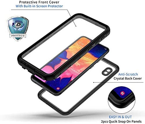 Lanhiem Samsung Galaxy A10E Case, IP68 Waterproof Dustproof Shockproof Case with Built-in Screen Protector, Full Body Sealed Underwater Protective Cover for Galaxy A10e (Black/Clear)