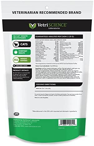 VETRISCIENCE NuCat Senior Multivitamin for Cats, 30 Bite Sized Chews - Vet Formulated Complete Vitamin for Older Cats