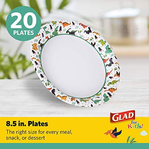 Glad for Kids 8 1/2-Inch Paper Plates|Small Round Paper Plates with Dinosaurs for Kids|Heavy Duty Disposable Soak Proof Microwavable Paper Plates, 8.5" Round Plates 20ct| Kids Plates, Dinosaur Plates