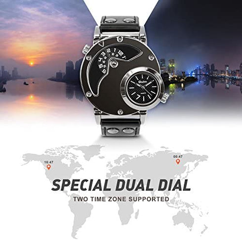 MJSCPHBJK Men's Unique Analog Watch, Waterproof Fashion Dress Quartz Wrist Watch with Dual Dial Cool Design Leather Band Dual Time Watches
