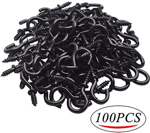 100pcs 1/2inch Black Screw Cup Hooks Screw-in Ceiling Hooks Cup Hanging Hooks Light Hooks for Home and Office Use