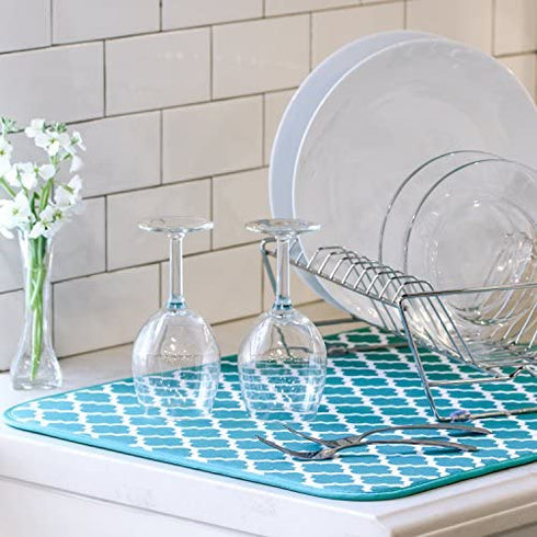 S&T INC. Absorbent, Reversible XL Microfiber Dish Drying Mat for Kitchen, 18 Inch x 24 Inch, Teal Trellis