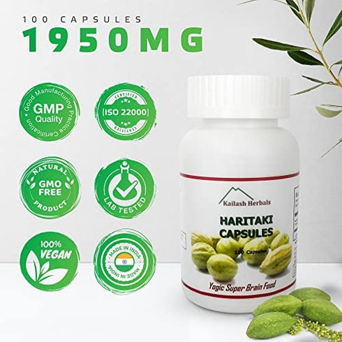 Kailash Herbals Organic Haritaki Capsules -100 Capsules-1950mg Detoxification & Rejuvenation - Improve Digestion, Internal Cleansing | -Terminalia chebula | Vegan, Non-GMO, Gluten-Free