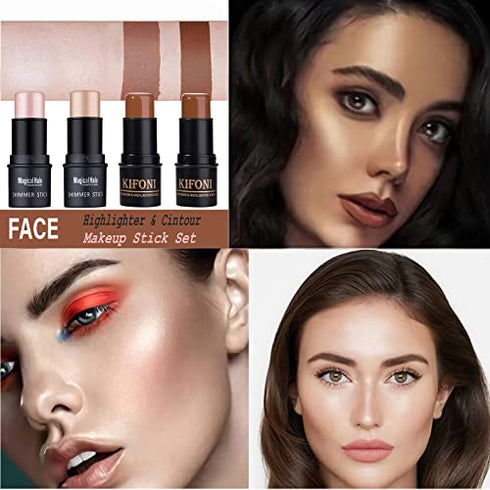 SUMEITANG 4 Pcs Cream Contour Foundation Stick, Highlighter & Bronzer Pen, Face Brightens & Shades Pencil, Highlighting Shade Longwear Makeup, Highlight Bronzer Shaping Trimming Stick Cream