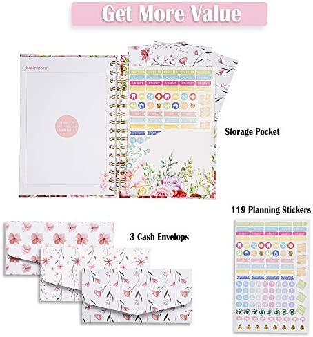 Budget Planner Organizer (Non-Dated) - Monthly Income and Expense Tracker with Back Pocket for Receipts and Bills Bundled with Cash Envelops and Stickers - A5 Size Pink Floral Hardcover