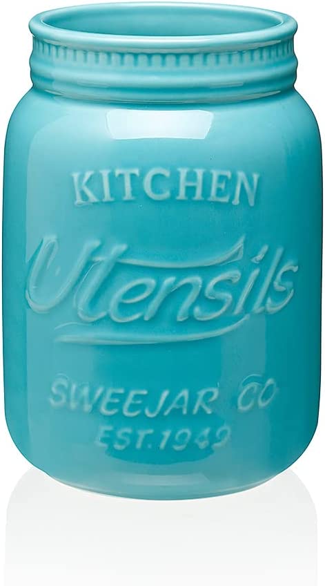 SWEEJAR Kitchen Utensil Holder with Embossed Style, 6.3" Porcelain Utensil Crock to Hold Spatulas for Cooking Countertop, Farmhouse Style Kitchen Decor (Turquoise)