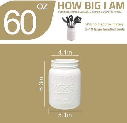 SWEEJAR Kitchen Utensil Holder with Embossed Style, 6.3" Porcelain Utensil Crock to Hold Spatulas for Cooking Countertop, Farmhouse Style Kitchen Decor (Turquoise)