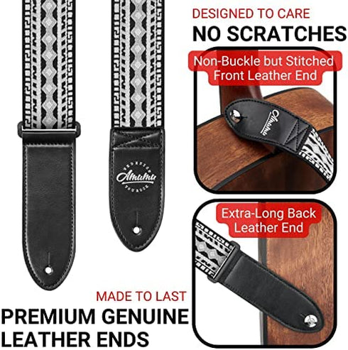 Amumu Guitar Strap Hootenanny Black White Cotton for Acoustic, Electric and Bass Guitars with Strap Blocks & Headstock Strap Tie