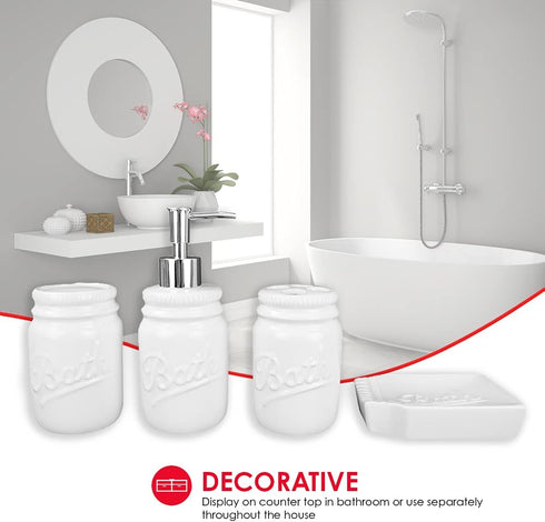 Home Basics Rustic Mason Jar 4 Piece Décor Bathroom Accessories Set, includes Lotion Pump Dispenser, Toothbrush Holder, Cup Tumbler, and Soap Dish , White