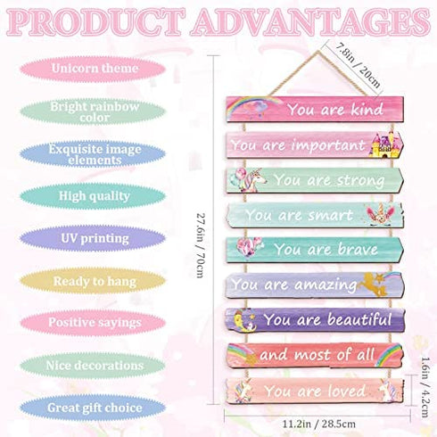 Set of 9 Unicorn Rainbow Motivational Wall Art Wall Decors Christmas Favor Are Kind Strong Loved Positive Sign Wall Decors Unicorn Sign for Teen Girl Nursery Daughter Bedroom Niece Baby Present