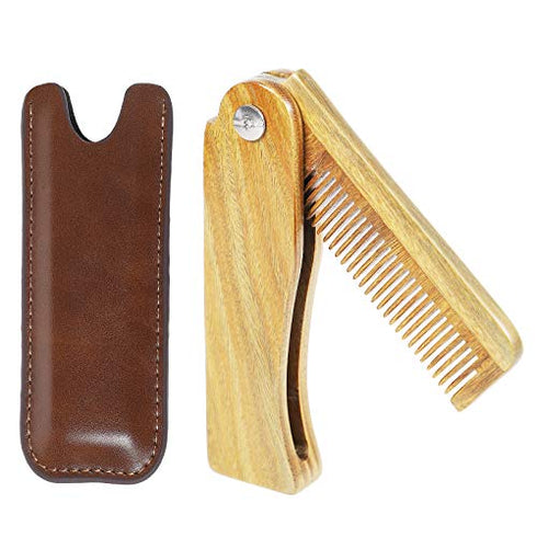 Onedor Handmade 100% Natural Green Sandalwood Fine Tooth Wooden Comb for Men Hair, Beard, and Mustache Styling Pocket Comb With Leather Case (Folding)