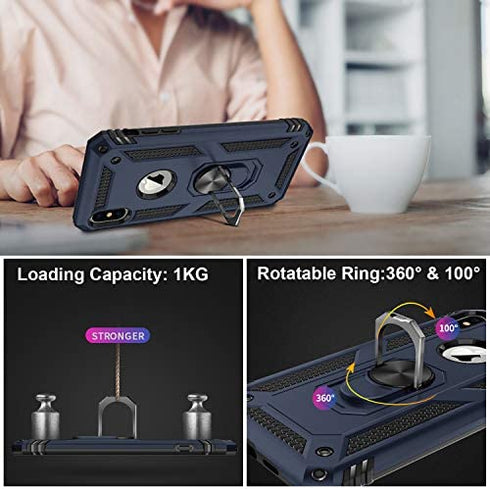 iPhone Xs Max Case with Tempered Glass Screen Protector,iPhone Xs Max Cover Military Grade 16ft. Drop Tested Cover with Magnetic Ring Kickstand Protective Phone Case for iPhone Xs Max Blue