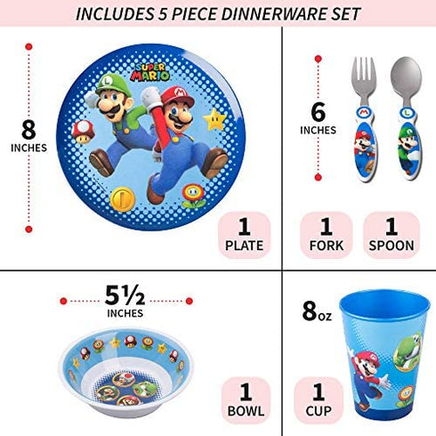Franco Kids Dinnerware Cartoon Designed Mealtime Kitchen Set, 5 Piece Pack, Super Mario,KZ0068