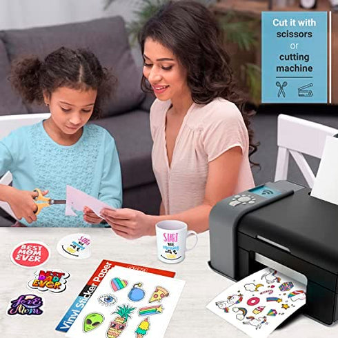 JOYEZA Premium Printable Vinyl Sticker Paper for Inkjet Printer - 25 Sheets Glossy White Waterproof, Dries Quickly Vivid Colors, Holds Ink well - Inkjet & Laser Printer
