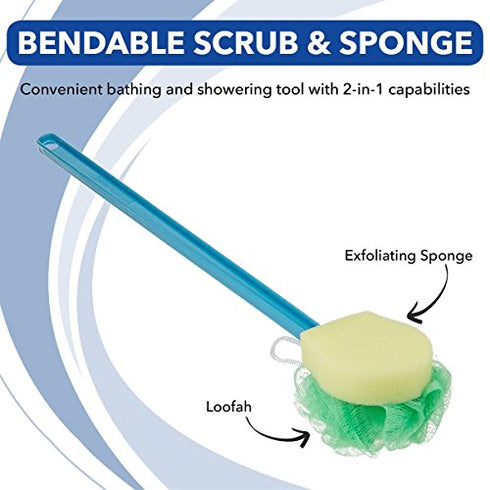 Sammons Preston Bendable Scrub & Sponge, All-in-One Bath Scrubber and Loofah, Long Handle Exfoliating Bathing Wand for Shower, Flexible Hygiene Assistance Tool for Elderly, Limited Range of Motion