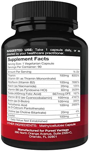 Vitamin B Complex Vitamins B12, B1, B2, B3, B5, B6, B7, B9, Folic Acid - Super B Complex Vitamins for Women, Men, Adults – Aids in Energy, Stress, and Immunity - 90 Vegetarian Capsules