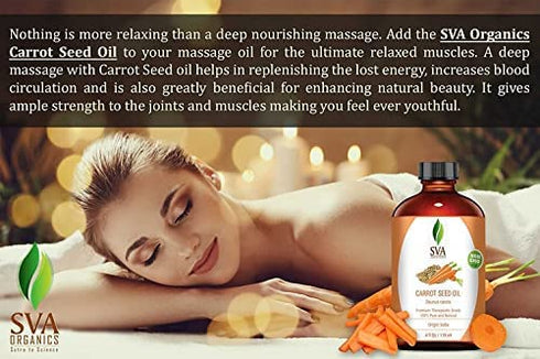 SVA Organics Carrot Seed Carrier Oil with Dropper- 118 ml (4 fl. oz.) 100% Pure, Natural, Cold Pressed and Therapeutic Grade for Moisturized Skin, Shiny Hair, Aromatherapy & Massage