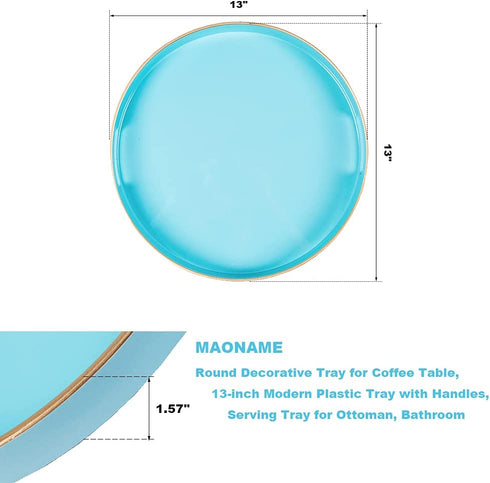 MAONAME 13" Round Tray, Blue Serving Tray with Handles, Modern Decorative Tray for Coffee Table, Plastic Ottoman Tray for Ottoman, Bathroom, Decor