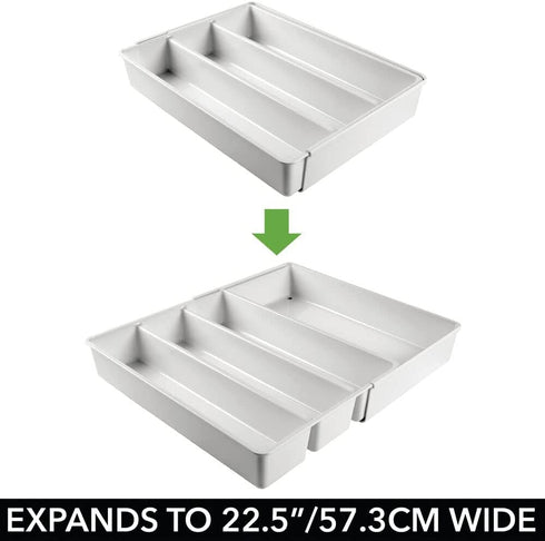 mDesign Adjustable, Expandable 4 Compartment Kitchen Cabinet Drawer Organizer - Divided Sections for Cutlery, Serving Spoons, Cooking Utensils, Gadgets - BPA Free, Food Safe - Light Gray