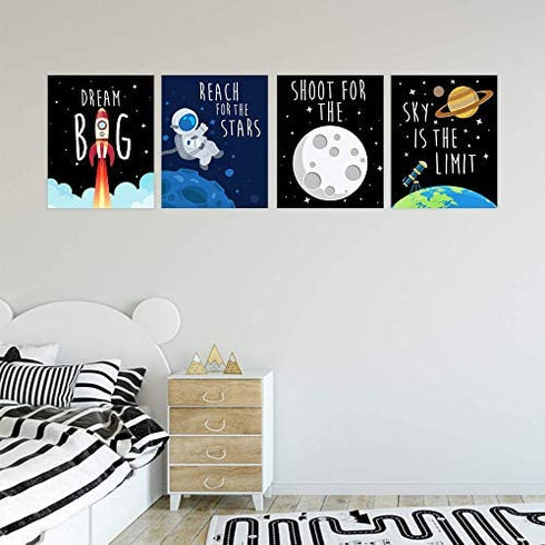 Space Kids Nursery Bedroom Decor - Set of Four 8x10 Prints - Cute Inspirational Wall Art Decoration For Boys and Girls