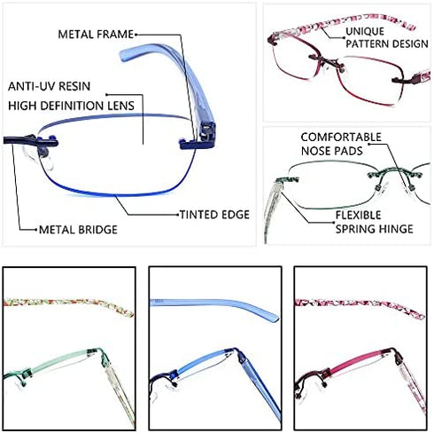 JJWELL 3 Pack Blue Light Blocking Reading Glasses for Women, Anti Eyestrain/Computer Glare UV 400 Filter Readers with Spring Hinge, Lightweight Rimless Tinted Metal Blue Rays Eyeglasses (3.00)