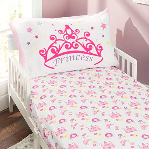 EVERYDAY KIDS 3-Piece Toddler Fitted Sheet, Flat Sheet and Pillowcase Set - Princess Storyland - Soft Breathable Microfiber Girls Toddler Sheets Set - Toddler Bed Sheets