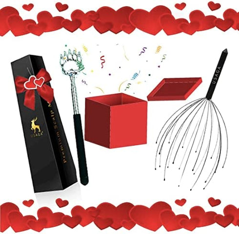 USAGA 20 Fingers Head Massager Scalp Scratcher Head Scratcher and Telescopic Back Scratcher, Ideal Gift for Head Body Relaxing 2 Pack (Black)