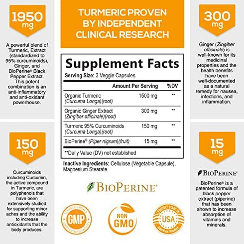 Turmeric Curcumin with BioPerine & Ginger 95% Curcuminoids 1950mg - Natural Joint Inflammatory Support, Black Pepper for Max Absorption, Nature's Tumeric Extract Supplement - 240 Capsules