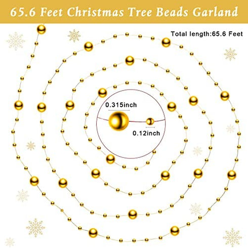 Pangda 65.6 Feet Christmas Tree Beads Garland Plastic Pearl Strands Chain for Christmas Wedding Decoration (Gold)