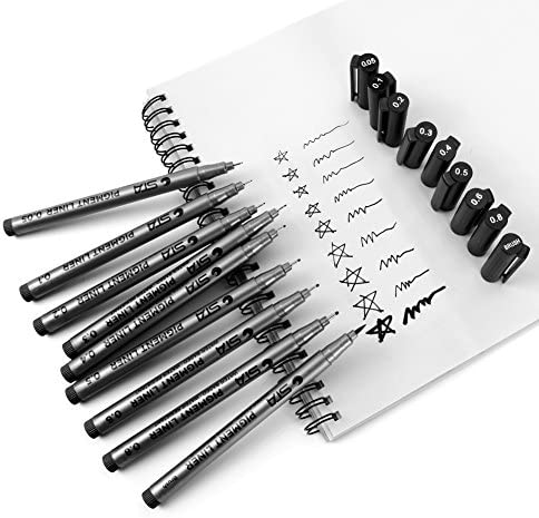 Precision Micro-Line Pens, Set of 9 Black Micro-Pen Fineliner Ink Pens, Waterproof Archival ink, Multiliner, Sketching, Anime, Artist Illustration, Technical Drawing, Office Documents