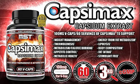 MST Capsimax Supplement 100mg V Capsules, 60 Servings Clinically Dosed Weight Management, Thermogenic, Appetite Control, Calorie Burning, Metabolic Health, Stimulant Free. BSCG Certified