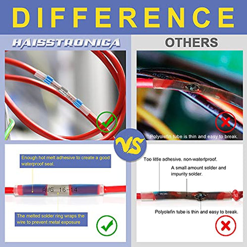 haisstronica 120PCS Solder Seal Wire Connectors-Marine Grade Heat Shrink Wire Connectors-Heat Shrink Butt Connectors-Butt Splice Wire Connectors for Stereo,Electrical with Corrosion and Weatherproof
