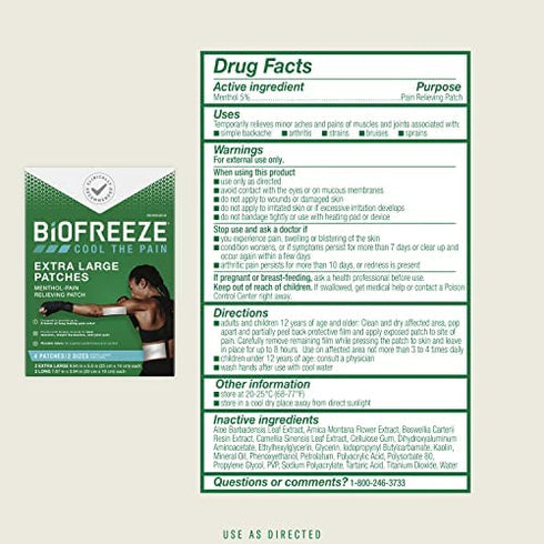 Biofreeze XL Menthol Pain Relieving Patches, 4 Patches 2 Sizes Up To 8 Hours Of Long Lasting Pain Relief Associated With Sore Muscles, Arthritis, Simple Backaches, And Joint Pain (Packaging May Vary)