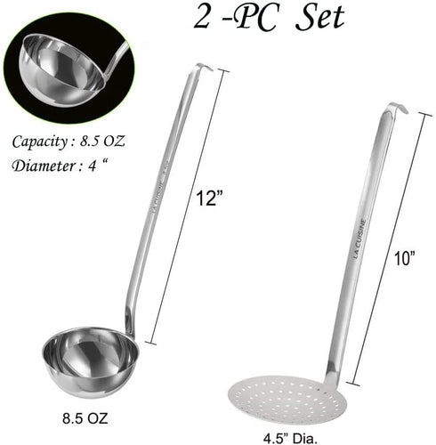 La Cuisine 18/10 Stainless Steel Soup Ladle Skimmer Spoon €“ 2 Pack includes 1 pc Soup Sauce Ladles and 1 pc Slotted Spoon Skimmer with hook handle. Mirror Finish