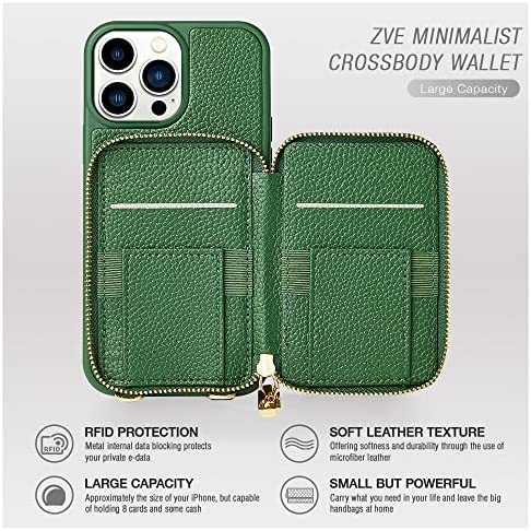 ZVE iPhone 12 Pro/iPhone 12 Zipper Wallet Case, Crossbody Phone Case with Credit Card Holder Wrist Strap Purse Cover Gift for Women Compatible with iPhone 12 Pro/iPhone 12?6.1 inch?-Dark Green