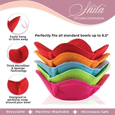 SHILA Bowl Cozy, Multicolor Set of 5 Microwave-Safe Hot Bowl Holders to Keep Your Hands Cool and Your Food Warm, Polyester & Sponge Heat Resistant Dish Pads for Soup, Rice and Pasta Bowls