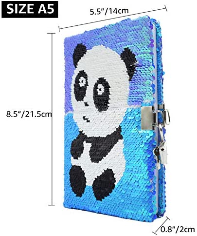 VIPbuy Magic Reversible Sequin Notebook Diary Lined Travel Journal with Lock and Key for Kids Girls, Size A5 (8.5” x 5.5”), 78 Sheets, Panda (Blue to Purple)