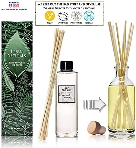 Urban Naturals Patchouli Woods Reed Diffuser Refill Oil with Replacement Sticks Kit | Sandalwood, Patchouli & Ylang Ylang Room Scent. Vegan. Made in The USA