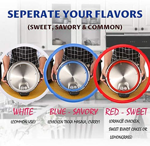 Sealing Rings for Instant Pot Accessories of 6 Qt Models - Red, Blue and Clear, Sweet and Savory Edition - 3 Pack BPA-Free Food-grade Replacement Silicone Seal Gaskets for Instpot 6 Quart