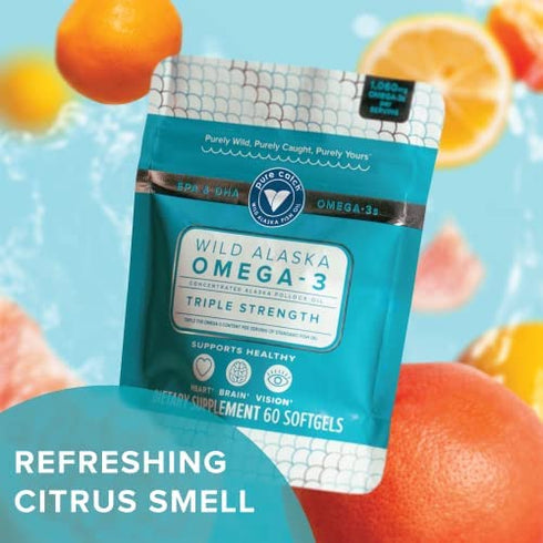 Trident Pure Catch Wild Alaska Omega 3 Fish Oil - (60 Count Soft Gels) - Provides 1,060 mg of Omega-3 Fatty acids, Including EPA & DHA, Supports a Healthy Heart, Brain, and Vision, Citrus ScentCert