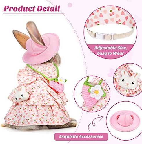 2 Sets Pet Rabbit Bunny Dress Bunny Easter Costume with Leash Hat Mini Bag Harness Leash Small Animals Accessory for Rabbit Hedgehog Ferret Guinea Pigs Piggies Squirrel (Pineapple and Cherry)