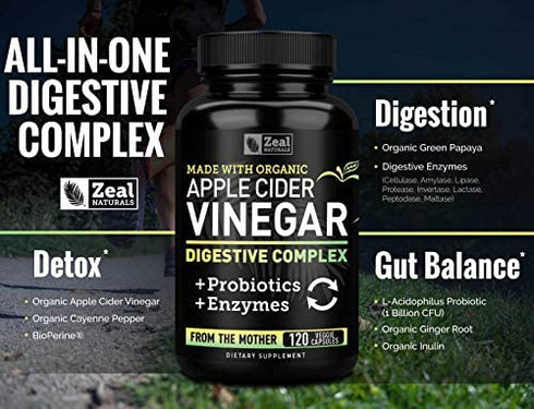 Organic Apple Cider Vinegar Capsules + Digestive Enzymes & Probiotics (1500mg | 120 Capsules) Raw Apple Cider Vinegar Pills & Fiber Supplement for Gut Health, Immune Support, Digestion & Detox Cleanse