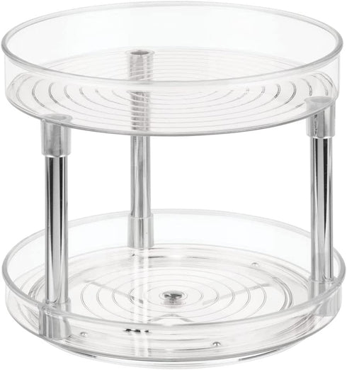 mDesign 2 Tier Lazy Susan Turntable Food Storage Container for Cabinets, Pantry, Fridge, Countertops - Raised Edge, Spinning Organizer for Spices, Condiments - 9" Round - Clear/Chrome