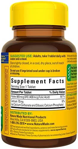 Nature Made Folic Acid 400 mcg (665 mcg DFE), Dietary Supplement for Nervous System Function, 250 Tablets, 250 Day Supply