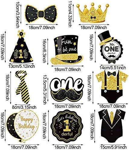 30 Pieces Mr. Onederful Birthday Decorations Glitter Black Gold Hanging Swirls 1st Birthday Party Foil Swirls Ceiling Mustache Toppers Sign Decor for Baby Boy First Birthday Supplies