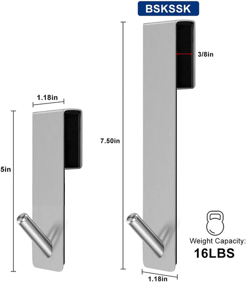 BSKSSK Shower Door Hooks, 7.5 Inches Over The Door Towel Hooks Hanger Extended for Bathroom Frameless Glass Door, Robe Sponge Bath Hook Stainless Steel Silver 2 Pack