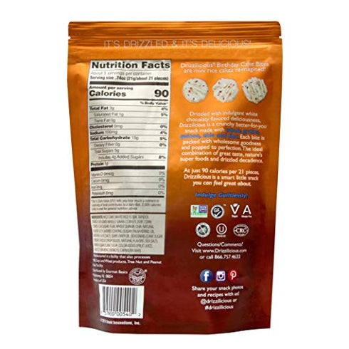 Drizzilicious Birthday Cake 4oz Single Pack | Mini Snack Chocolatey Rice Cakes | Vegan Air Popped Chia, Quinoa, Flax Snack